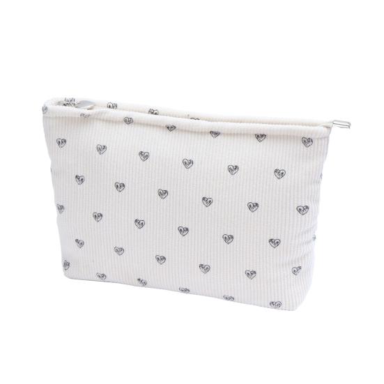 Corduroy Makeup Bag with Heart Pattern Portable Travel Cosmetic Bag Zipper Makeup Pouch Toiletry Organizer Purse for Women Girls