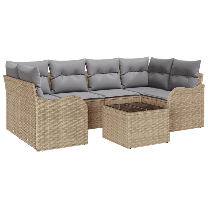 Ensemble de canapés de jardin 7 pièces avec coussins beige en poly rattan, Canapé de jardin 2 places avec rangement 3354269