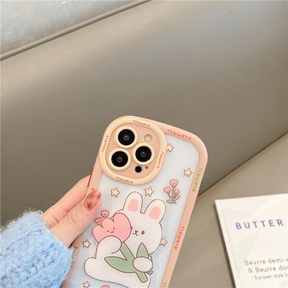 3d Cute Rabbit Cartoon Flower Shockproof Bumper Holder Stand Phone Cases For Iphone 14 11 12 13 Pro Max Soft Back Cover Case