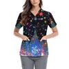Women's Cute Bow Printed Work Clothes V-neck Double Layer Pockets Basic Short Sleeve Top Pullover