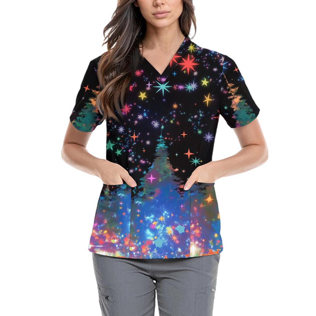 Women's Cute Bow Printed Work Clothes V-neck Double Layer Pockets Basic Short Sleeve Top Pullover