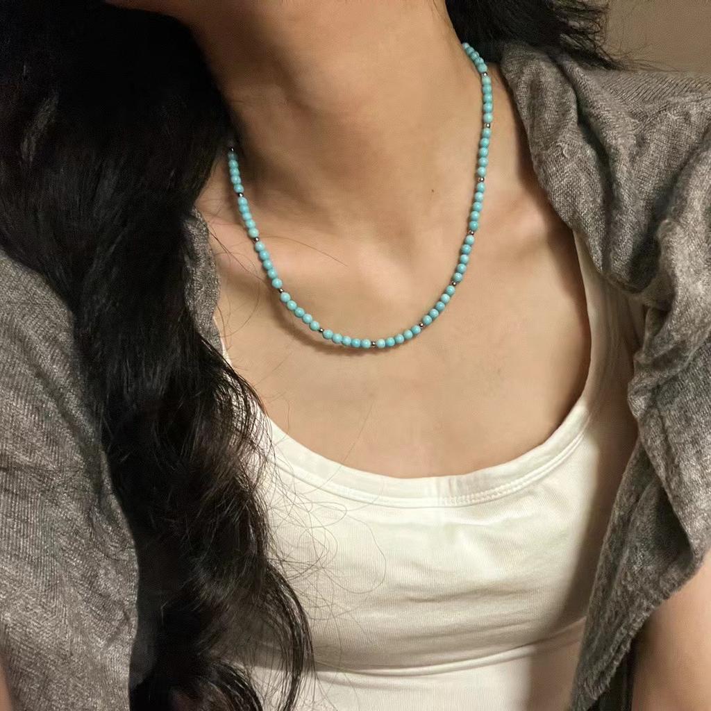 Retro Artificial Turquoise Collarbone Chain Necklace Neck Chain Light Luxury Niche Design Sense Beaded Necklace