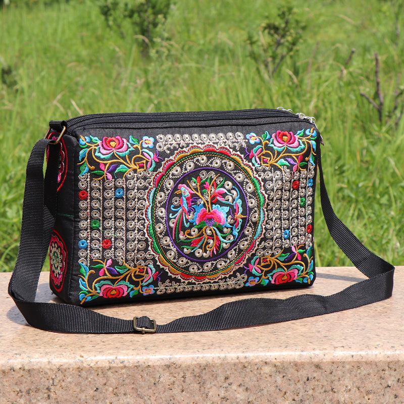 Yunnan Ethnic Embroidered One-Shoulder Crossbody Bag with Three Zippers - Large Size for Ladies