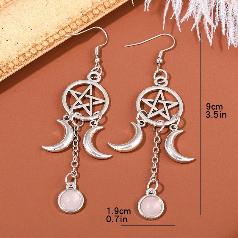 New Gothic Pentagram Crescent Purple Crystal Earrings for Women Fashion Multicolour Moonstone Jewelry Party Accessories Gifts
