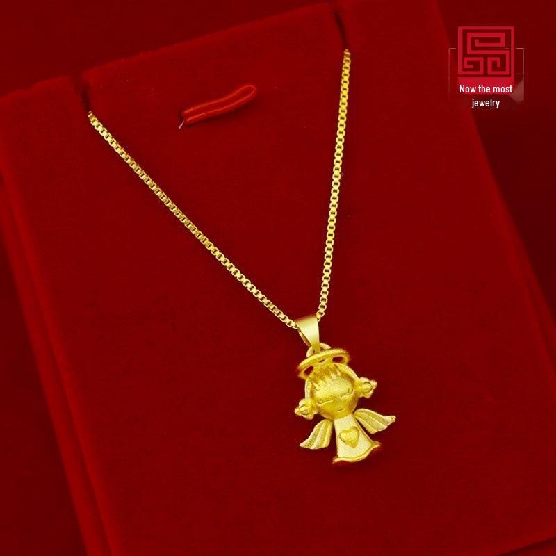 

Vietnamese Frosted Gold Angel Heart Necklace Pendant, Brass-Gold Plated, Luxury Clavicle Chain for Women Pendant
