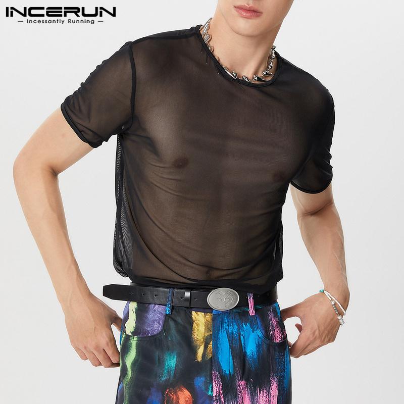 INCERUN Top Trasparenti in Rete da Uomo a Maniche Corte per Feste in Spiaggia