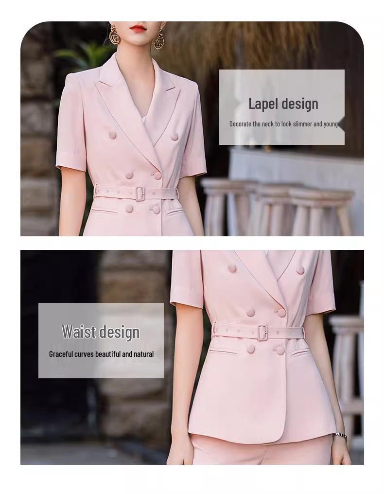 Women's Summer Pink Short-Sleeve Blazer Set - Professional OL Style