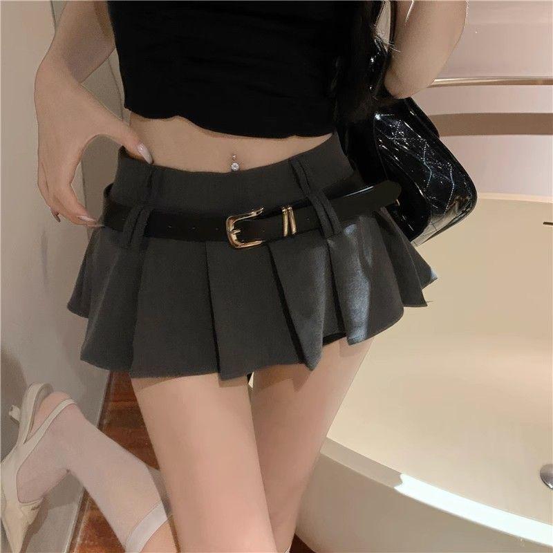 Gray Low Waist A-Line Pleated Midi Skirt for Women, Korean Style 2025 Summer Fashion, Versatile and Slimming Mini Skirt.