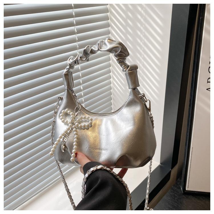 Fashion Pleated Design Shoulder Bags for Women Solid Color Ladies Soft Pu Crossbody Bag Pearl Girls Hobos Handbags Purse Clutch