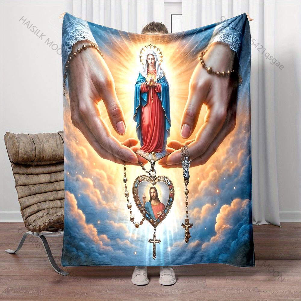 1PC Virgin Mary holding rosary Print Believer Pray blanket Warm soft flannel material suitable for all seasons luxurious gift