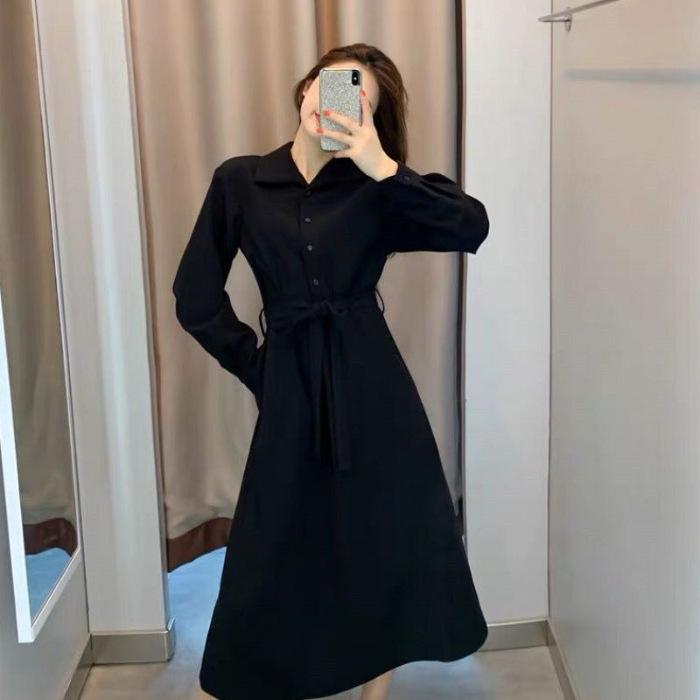 

Spring and autumn new French art students commute wear high-end small long-sleeved black dress women S чёрный