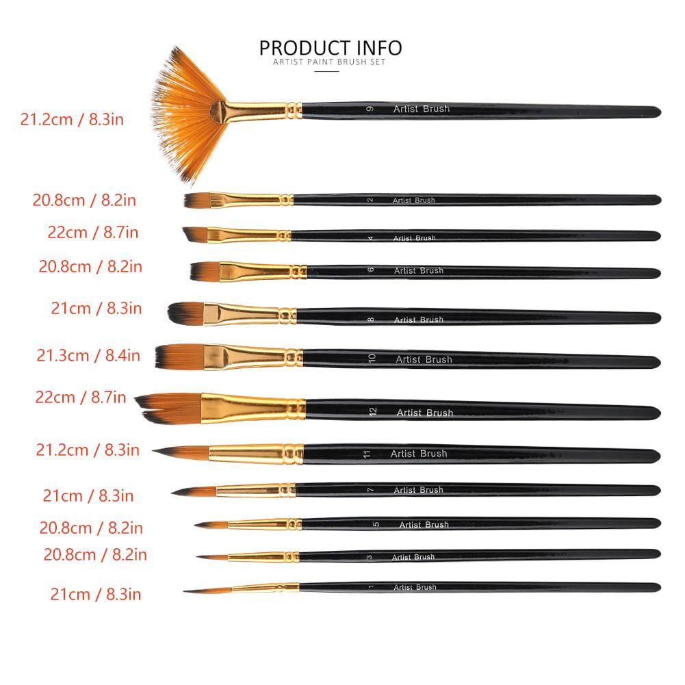 12pcs Black Wooden Pole Nylon Hair Paint Brush Set Art Craft Painting Watercolor Brush Kit