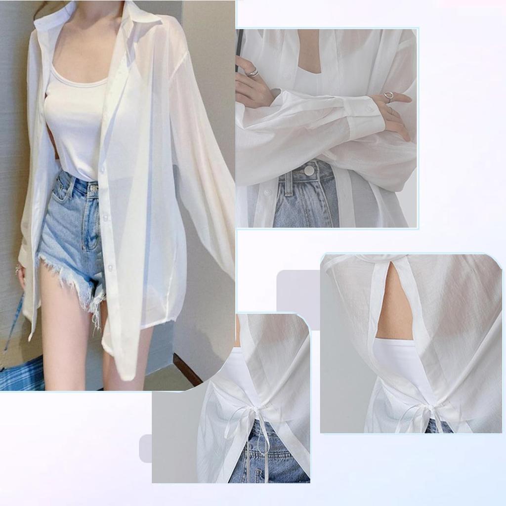 Yuoku Sheer Summer Long Loose UV Lightweight Shirt with Back Sun Shiny Sheer One Size Fits Women's Shirt, Blouse, Sleeve, Fit, Casual, Protection,