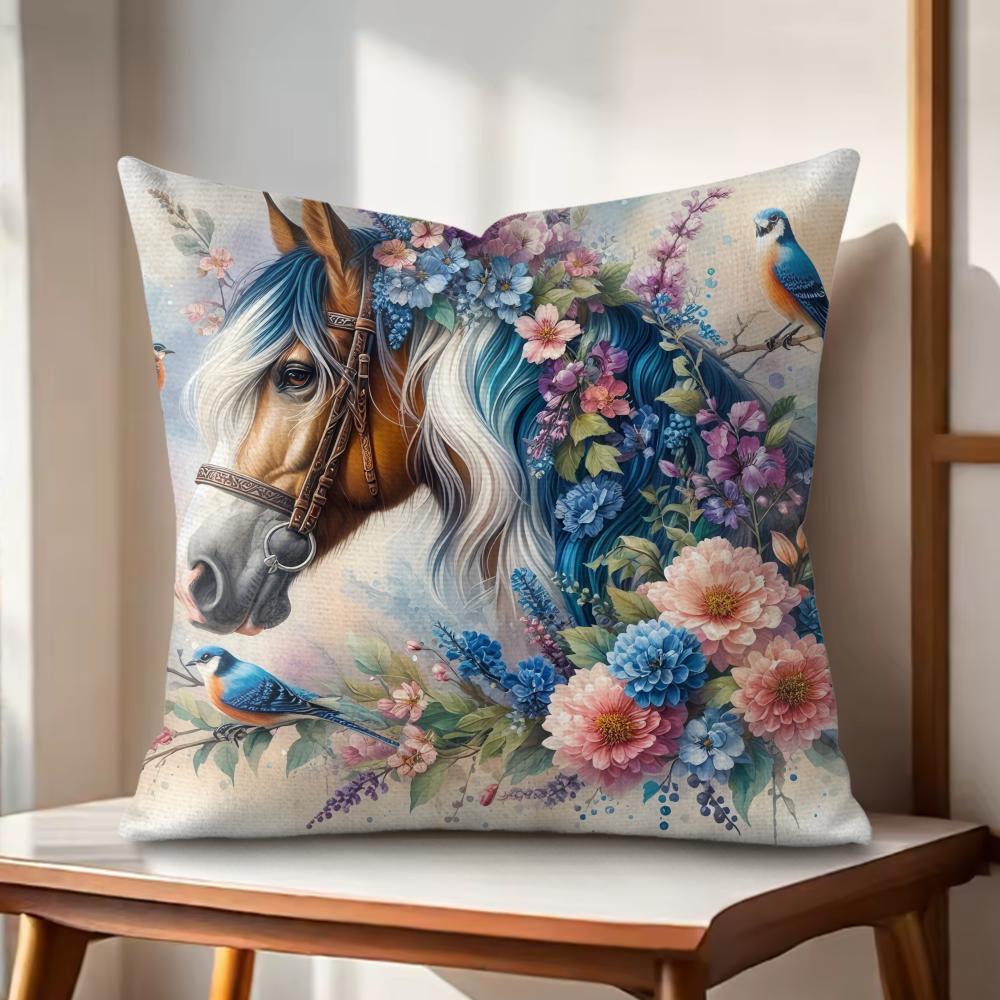 Watercolor Horse Floral Cushion Cover Natural Linen Organic Fabric DoubleSided Printing Couch Pillow Covers Home Decor