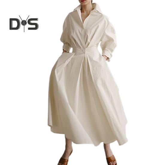 

Женское платье-рубашка с длинным рукавом на пуговицах, повседневное платье-миди А-силуэта, длинное платье с воротником-лацканами для офисных вечеринок и пляжа S абрикосовый