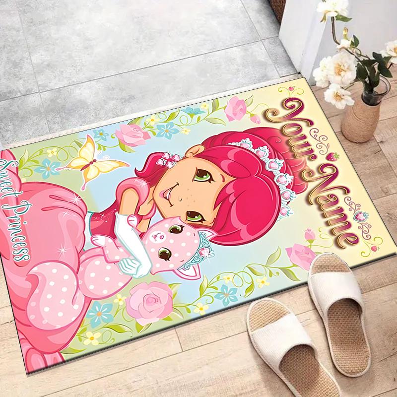 Princess Strawberry Design Area Rug Personalized Name- Non-Slip, Soft & Cozy Floor Mat for Living Room, Office - Indoor/Outdoor Carpet