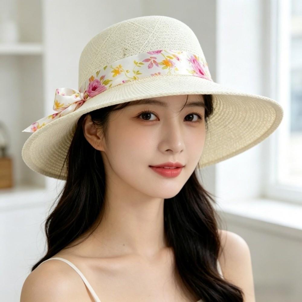 Ribbon Bow UV Protection Hat Hollow Woven Beach Sun Hat Stylish Fisherman Sun Hat  Summer Season