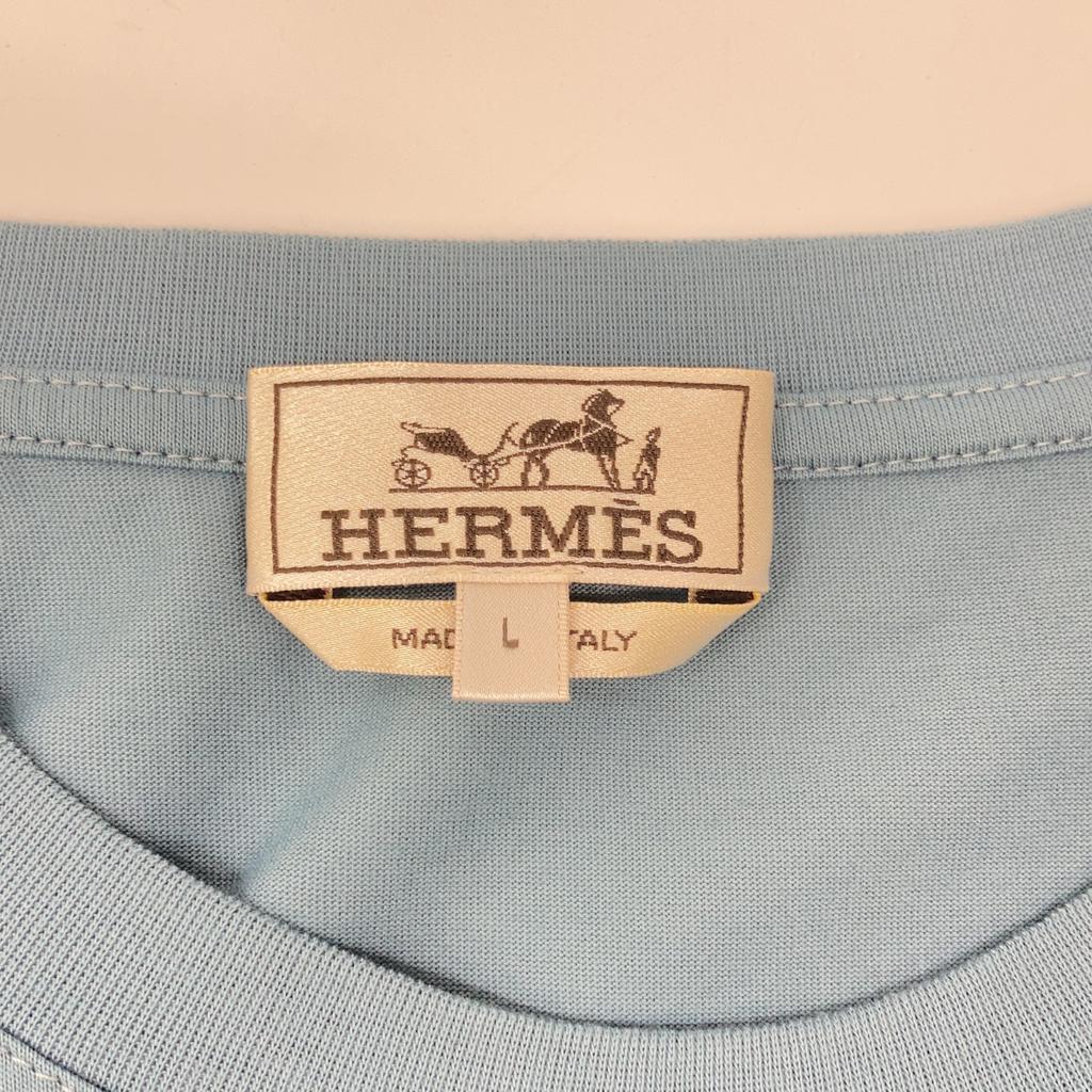 Hermes Blue Chest Embroidery Short Sleeve T-shirt Tops L blueUsed