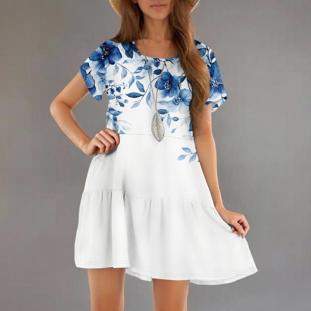 Women's Fashion Casual Round Neck Short Sleeve Ruffle Gradient Printed Dresses