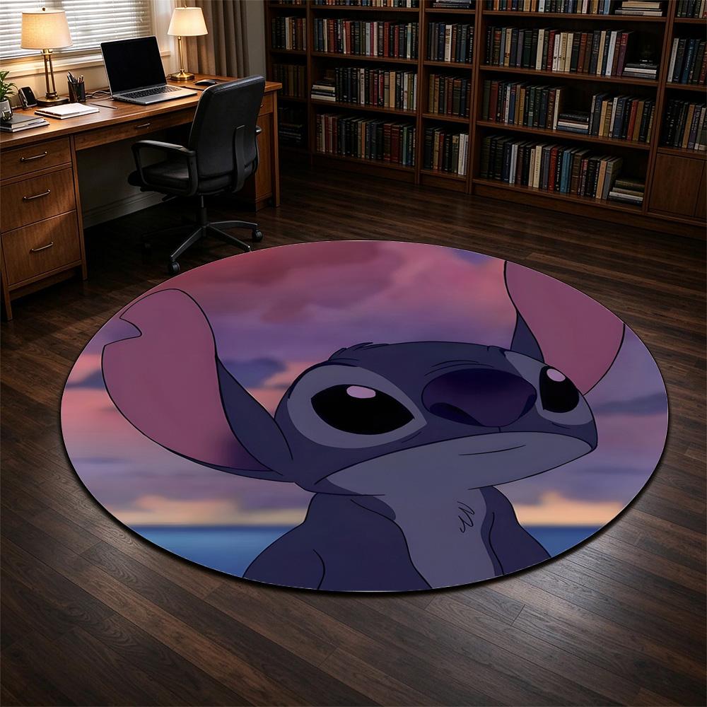 Round Rug Moody Stitch Close-up Pink Purple Sunset Sea Melancholic Cartoon Movie Fan Bedroom Decor