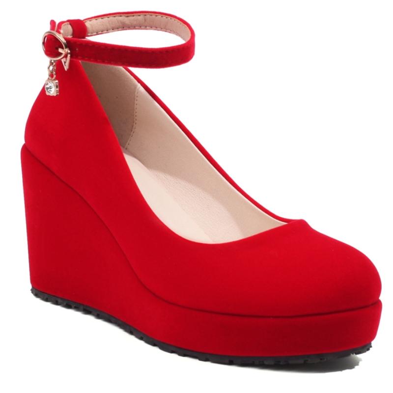 

Платформа Женские Клиновидные Высокие Каблуки Свадебная Обувь 2025 Новые Ремешок Весенняя Мода Флок Черный Красный На Каблуке Вечеринка Офис Танцевальная Обувь 38 красный