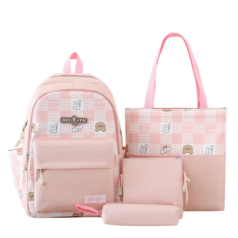 New Small Fresh and Cute Plaid Backpack Cartoon Bear Fashion Color Block Girl Backpack Junior High School Student School Bag
