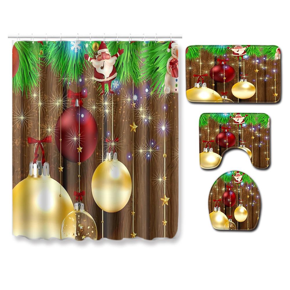 Christmas Shower Curtain Floor Mat Combination Four-Piece Set Bathroom Toilet Carpet Shower Room Mat Foot Mat