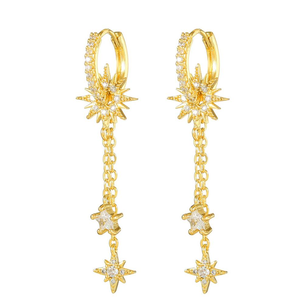 Vintage Stainless Steel Cubic Zirconia Sun Star Dangle Earrings Punk Rock Long Chain Huggies Earring Cartilage Piercing Jewelry