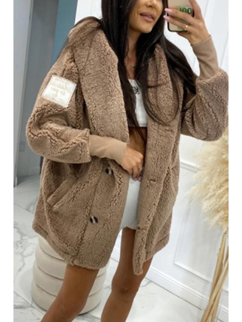 

2024 Осінньо-зимове Європейське та Американське Жіноче Плюшеве Вільне Пальто з Капюшоном L коричневий