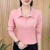 Spring and Autumn Fashionable Western-style T-shirt for Women, Simple Solid Color Lapel, Long Sleeved Embroidery for Slimming, POLO Collar Base