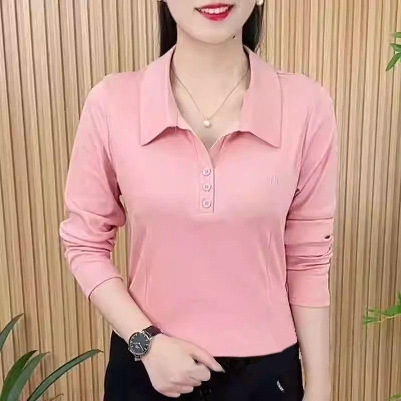 Spring and Autumn Fashionable Western-style T-shirt for Women, Simple Solid Color Lapel, Long Sleeved Embroidery for Slimming, POLO Collar Base