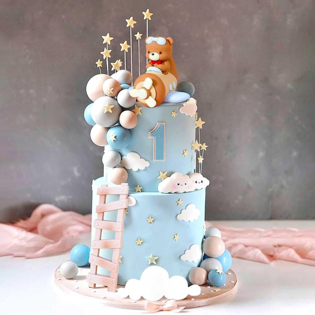 Airplane Bear Cake Topper - Plane Bear Cake Decorations for Time Flies 1st Birthday, Baby Shower Boy's Birthday Party