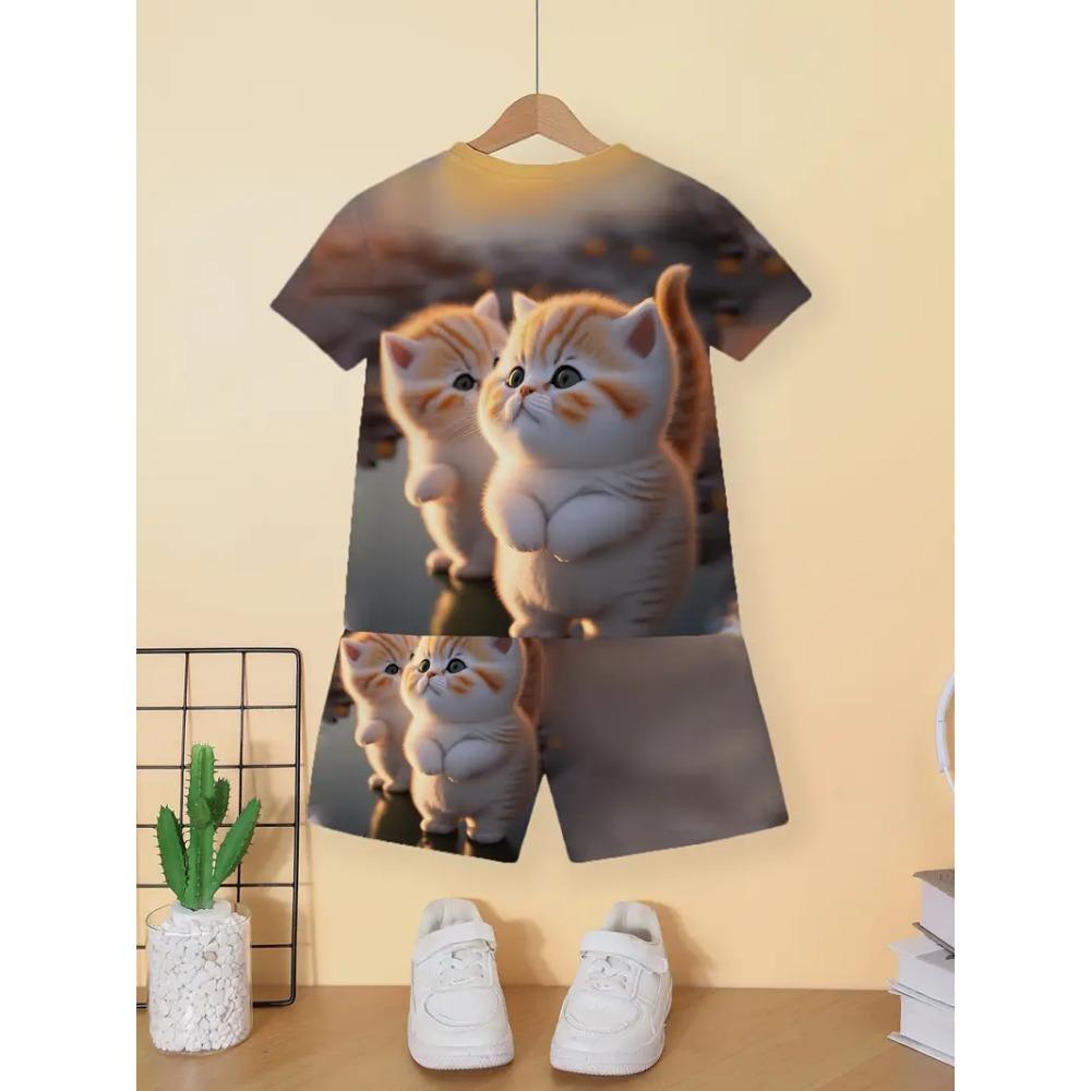 Children's Cat T-Shirt Shorts Set Summer Casual Girl Clothes Short Sleeve Kids Sets for Children Tops Outdoor Sport Girl Outfits