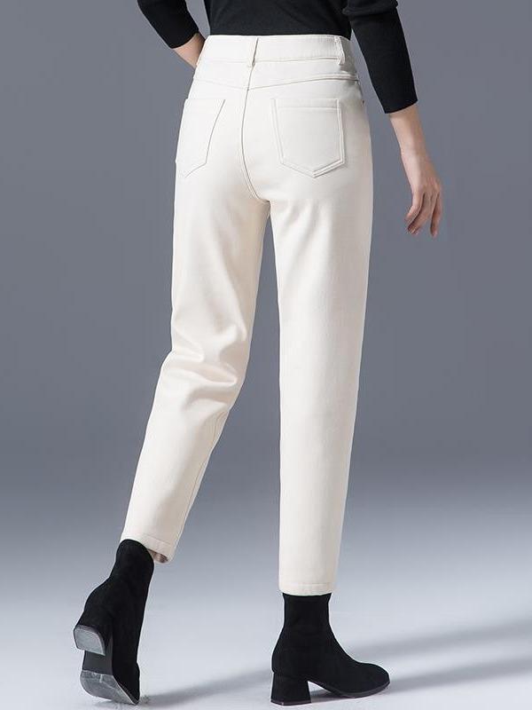 Women's Plus Size High-Waist Off-White Denim Jeans with Velvet Lining - Loose Fit Harem Style for Autumn/Winter 2024