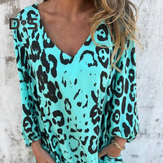 Women's Leopard Print Dress V-Neck Long Sleeve Maxi Dress Casual Loose Fit Spring Summer Dress for Office Daily Wear Vacation Party