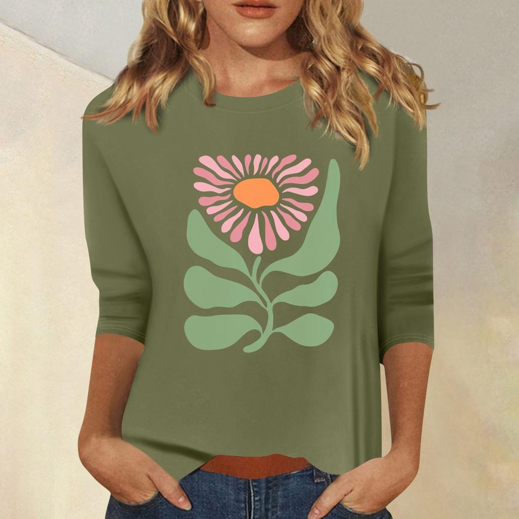 Damenmode, lässig, bedruckt, sieben Ärmel, Rundhalsausschnitt