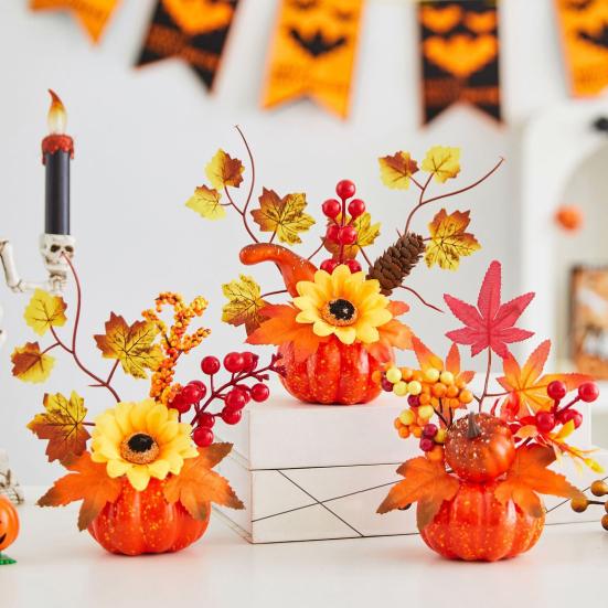 Rustic Autumn Floral Arrangement Fall Artificial Pumpkin Table Centerpiece, Fake Decoration with Sunflowers, Halloween Party Ornament Maple