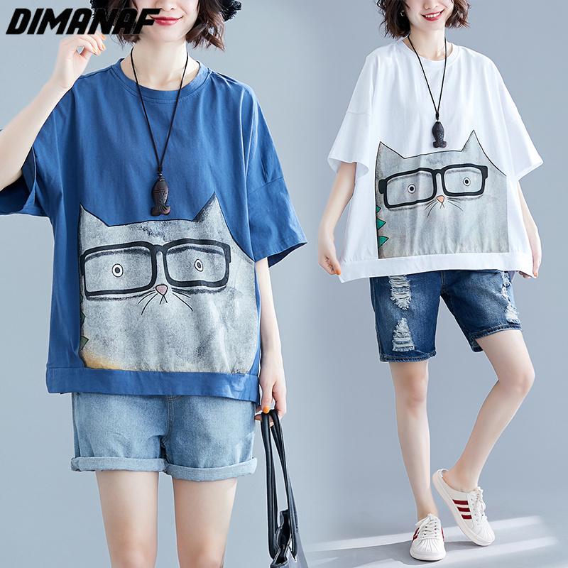 DIMANAF 2023 Plus Size Summer Women T-Shirts Cartoon Cat Print Tops Tunic Tees Shirt Oversize Bat Loose Casual Green