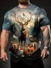 Wildhirsch Waldszene 3D-gedrucktes Herren-Rundhals-T-Shirt – Lässige Sommer-Outdoor-Kleidung, Atmungsaktives Fitness-Top zum Wandern, Laufen & täglichen Gebrauch,
