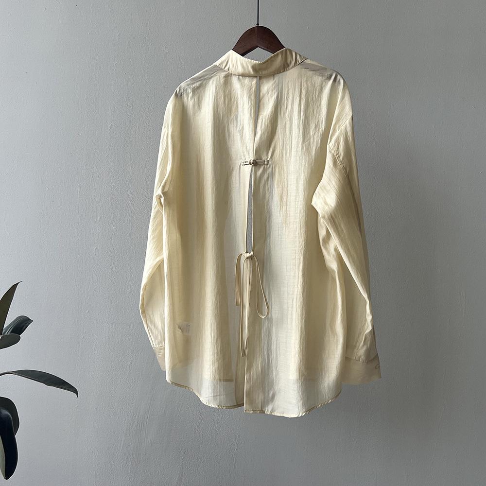 Disc Buckle Split Lace Sunscreen Shirt on The Back, Lightweight Silk Top