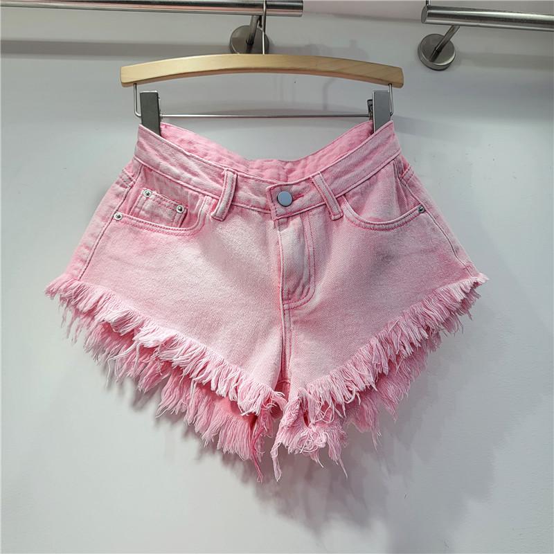 Korean version 2023 summer new fringed rough edge high waist denim shorts women's loose and thin a-shaped wide leg pants hot pants