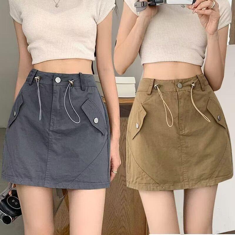 

Women s High Waist Gray Workwear Mini Skirt with Drawstring Design Small хаки
