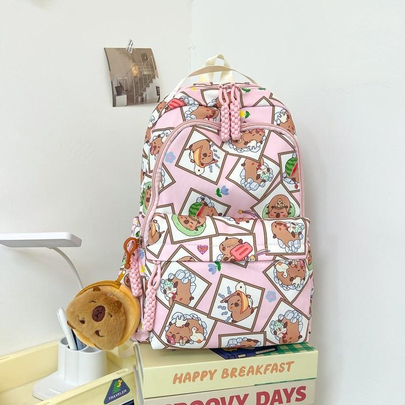 Capybara Theme School Backpack Nylon Waterproof Durable Breathable For Teen Students