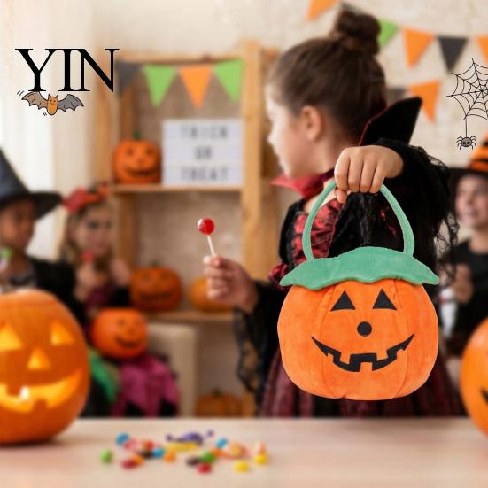 Goodie Bag Halloween Pumpkin Plush Tote Bucket, Cute Trick-or-Treat Bag, Soft Fabric Pouch Candy Basket with Handle for Kids Girls Boys Party Favors