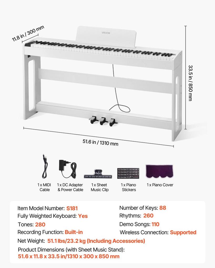 Weighted Digital Piano, 88 Keys Fully Weighted, Electric Piano Keyboard with Furniture Stand, Power Adapter, Triple Pedal, Record Function, 280 Tones,