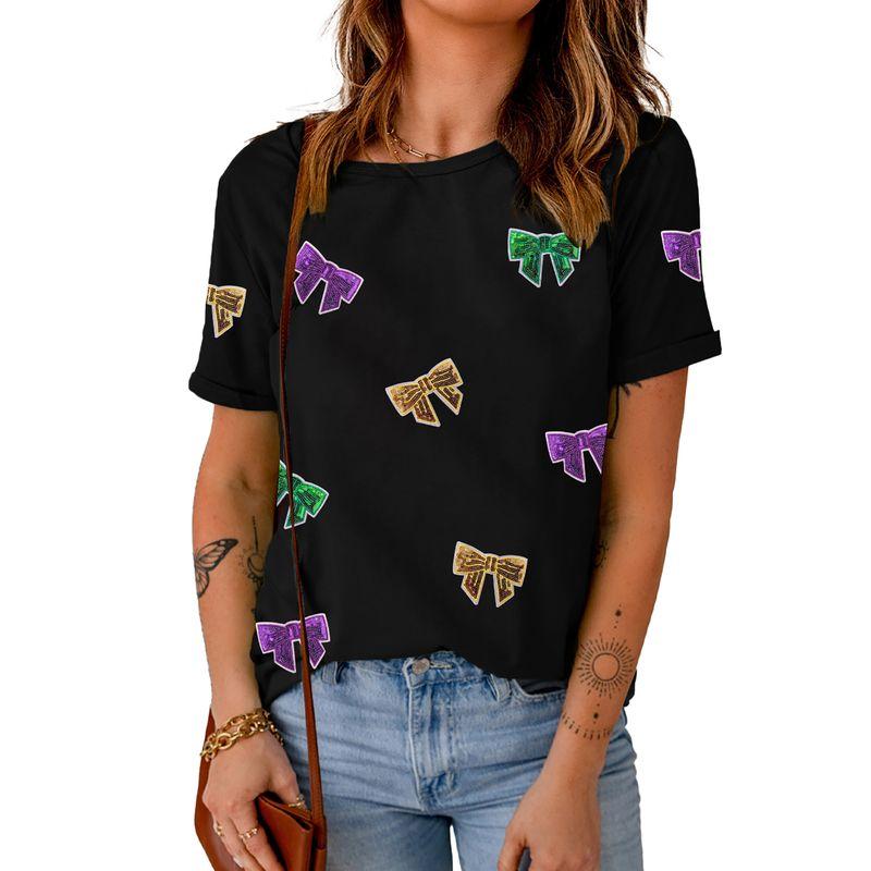 American Acelitt Sequins Bow Short Sleeve T-shirt Women 2025 Summer New Personality All-matching Pullover Women