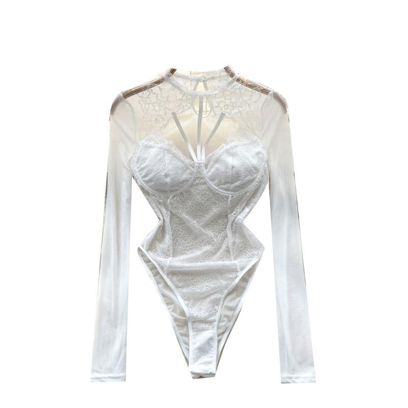 Fashion Ins Long Sleeve Jumpsuit Female Pure Desire Sexy Hollow-out Halter Thin Lace Silm Inner Bottoming Top
