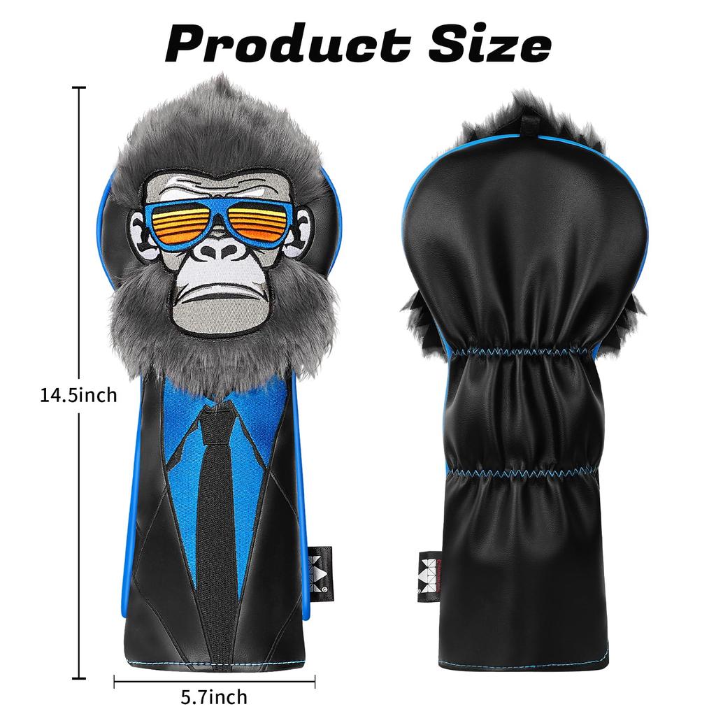 Golf Driver Cover Gorilla in Partial Faux Black PU Fits 460cc Head Stylish Gift - Suit, Embroidery, Fur, Leather, Drivers, Protector,