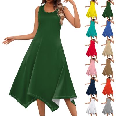 Women's Casual Fashion Round Neck Sleeveless Solid Irregular Hem Midi Dress