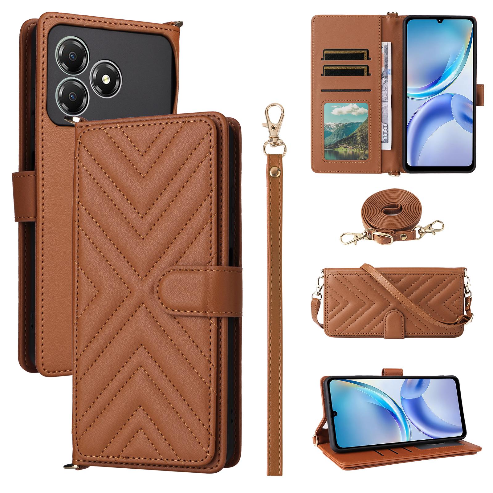 

For ZTE Blade A36/nubia A36 Case with Shoulder/Wrist Strap Leather Phone Cover Stand Wallet Brown